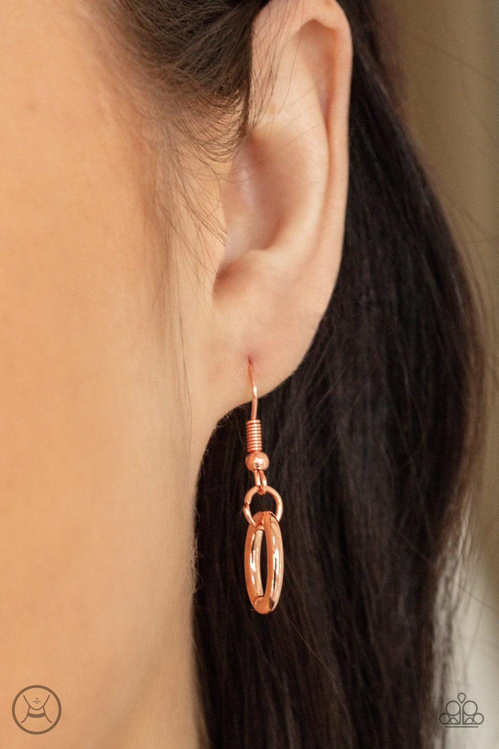 Paparazzi Accessories Craveable Couture - Copper A collection of oversized shiny copper ovals and shiny copper fittings interlock around the neck, creating an intense industrial look. Features an adjustable clasp closure. Sold as one individual choker nec