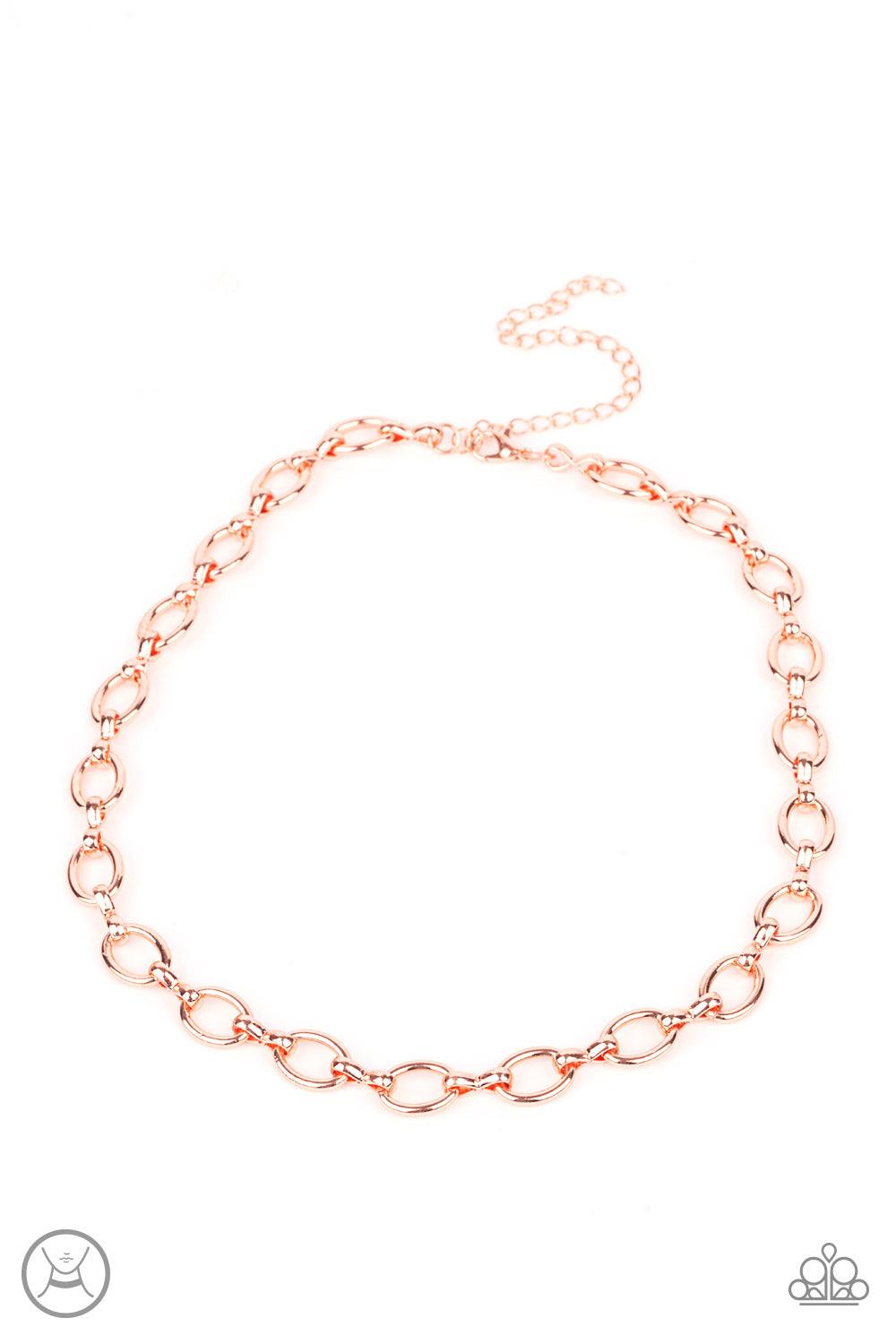 Paparazzi Accessories Craveable Couture - Copper A collection of oversized shiny copper ovals and shiny copper fittings interlock around the neck, creating an intense industrial look. Features an adjustable clasp closure. Sold as one individual choker nec