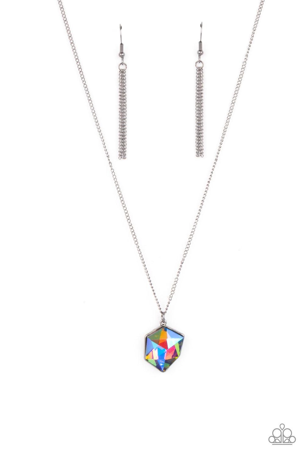 Paparazzi Accessories Stellar Serenity - Multi Featuring an oil spill shimmer, an iridescent raw-cut gem dazzles below the collar, creating out-of-this-world sparkle. Features an adjustable clasp closure. Sold as one individual necklace. Includes one pair