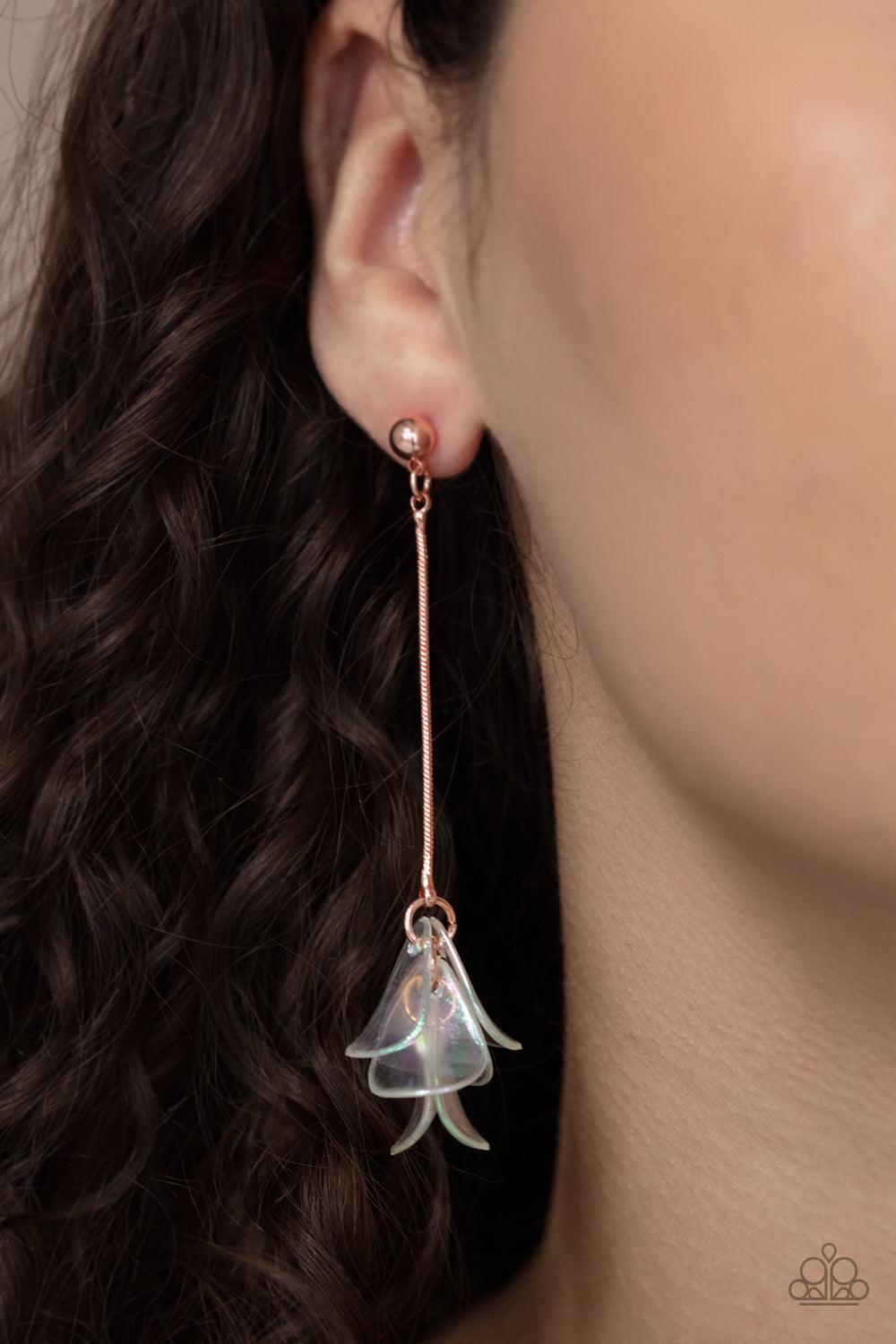 Paparazzi Accessories Keep Them In Suspense - Copper Iridescent acrylic petals delicately cluster at the bottom of a shiny copper chain, creating an ethereal tassel. Earring attaches to a standard post fitting. Sold as one pair of post earrings. Jewelry