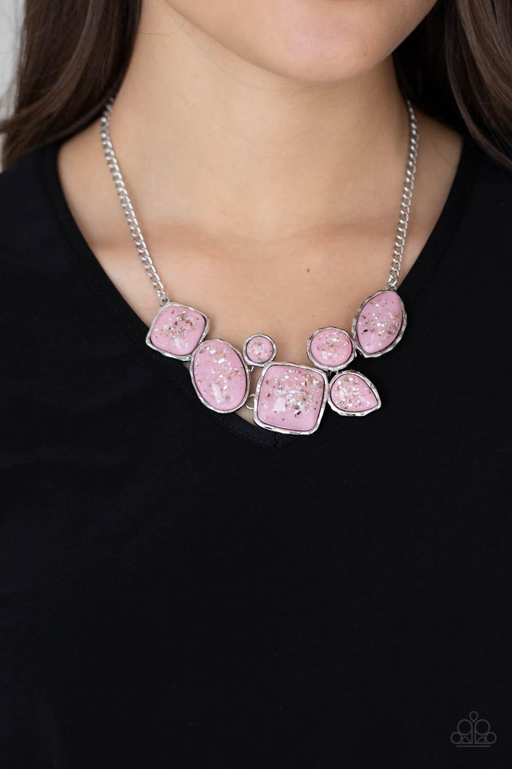 Paparazzi Accessories So Jelly - Pink Flecks of iridescent shell-like pieces are encased in glassy pink beads. Featuring hammered silver frames, the mismatched frames delicately cluster below the collar for an ethereal fashion. Features an adjustable clas