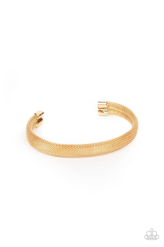 Paparazzi Accessories Ready, Willing, and CABLE - Gold A shiny gold section of mesh-like chain curls around the wrist, coalescing into an edgy cuff. Sold as one individual bracelet. Jewelry