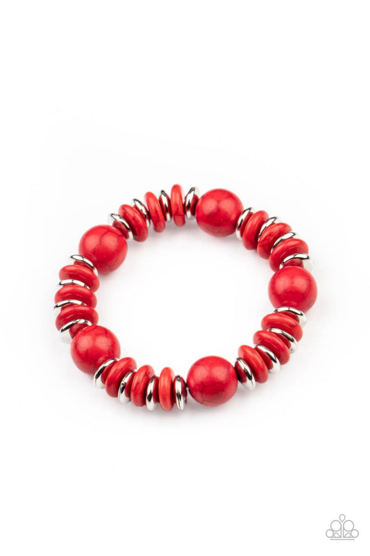 Paparazzi Accessories Rustic Rival - Red Disc shaped red stone and silver beads join oversized red stone beads along a stretchy band, creating a rustic centerpiece around the wrist. Sold as one individual bracelet. Jewelry