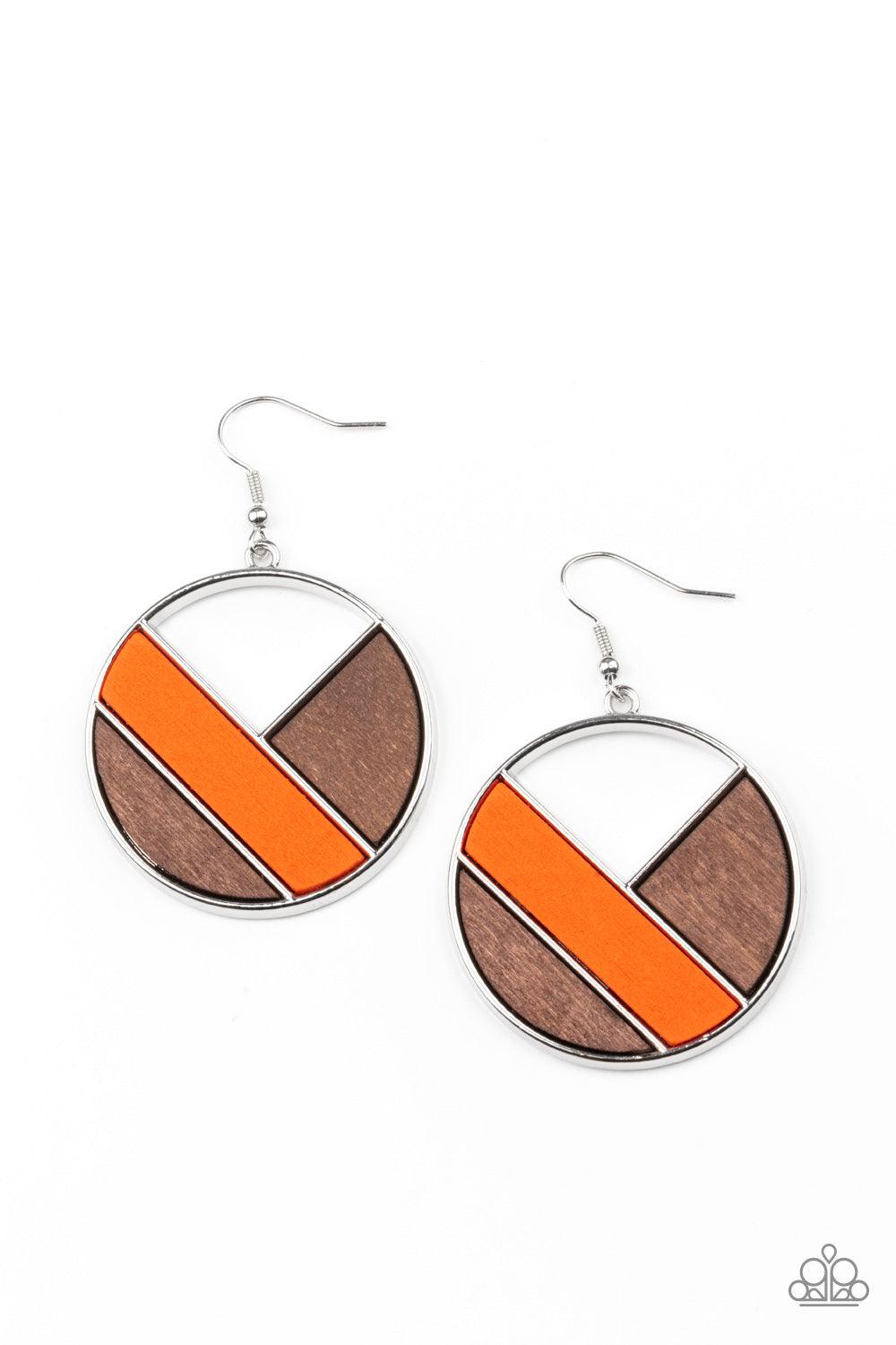 Paparazzi Accessories Dont Be MODest - Orange Featuring orange and brown finishes, geometric wooden frames piece together inside an airy silver hoop for a modern look. Earring attaches to a standard fishhook fitting. Sold as one pair of earrings. Jewelry