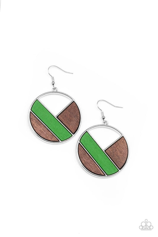 Paparazzi Accessories Dont Be MODest - Green Featuring green and brown finishes, geometric wooden frames piece together inside an airy silver hoop for a modern look. Earring attaches to a standard fishhook fitting. Sold as one pair of earrings. Earrings