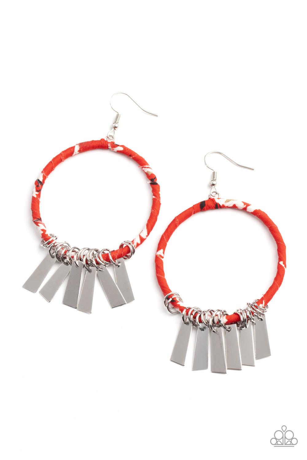 Paparazzi Accessories Garden Chimes - Red Flared rectangular silver plates swing from the bottom of a hoop wrapped in red, black, and white floral fabric, creating a whimsical fringe. Earring attaches to a standard fishhook fitting. Sold as one pair of ea