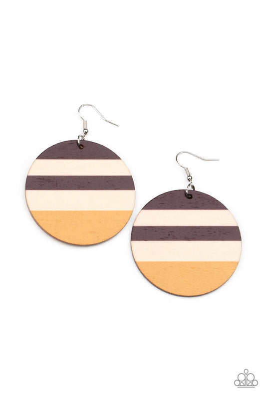 Paparazzi Accessories Yacht Party - Yellow The front of a shiny wooden disc is stripped in purplish-brown and yellow accents, creating a colorful summery look. Earring attaches to a standard fishhook fitting. Sold as one pair of earrings. Jewelry