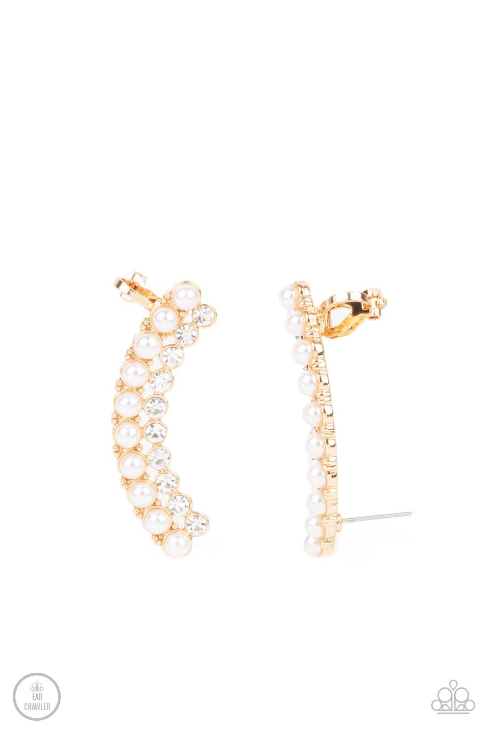 Paparazzi Accessories Doubled Down On Dazzle - Gold Featuring classic gold fittings, two rows of dainty white pearls and glassy white rhinestones arch into a timeless statement piece. Earring attaches to a standard post earring. Features a clip-on fitting
