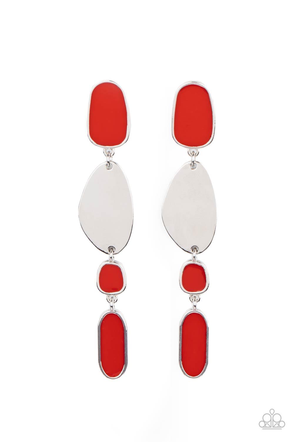 Paparazzi Accessories Deco By Design - Red Painted in a fiery red finish, a shiny collection of asymmetrical frames link with a glistening silver frame, creating an abstract lure. Earring attaches to a standard post fitting. Sold as one pair of post earri