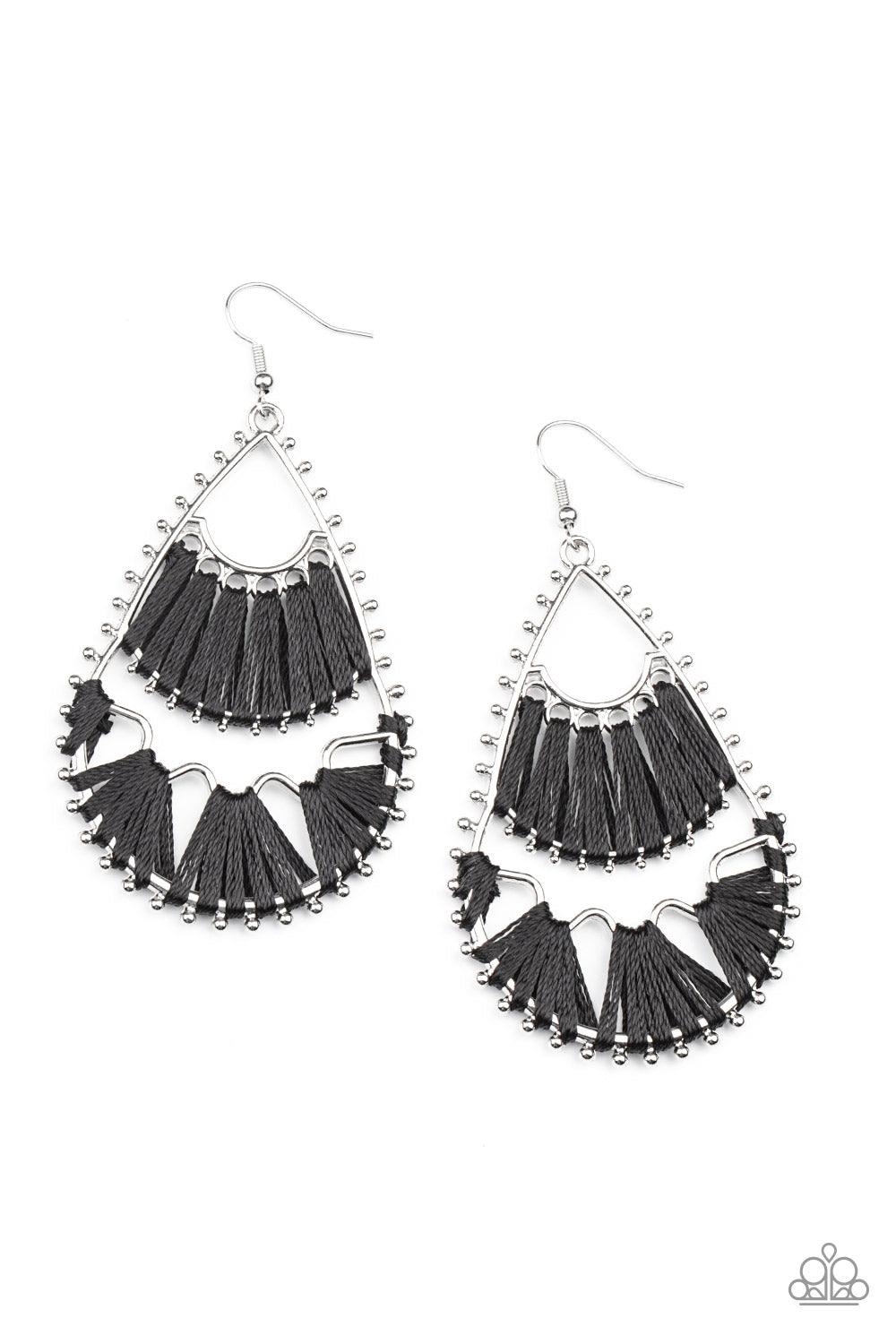 Paparazzi Accessories Samba Scene - Black Three abstract silver fittings section off the inside of a pronged teardrop. Black thread is wrapped around the bar-like fittings, creating colorful loom-like accents. Earring attaches to a standard fishhook fitti
