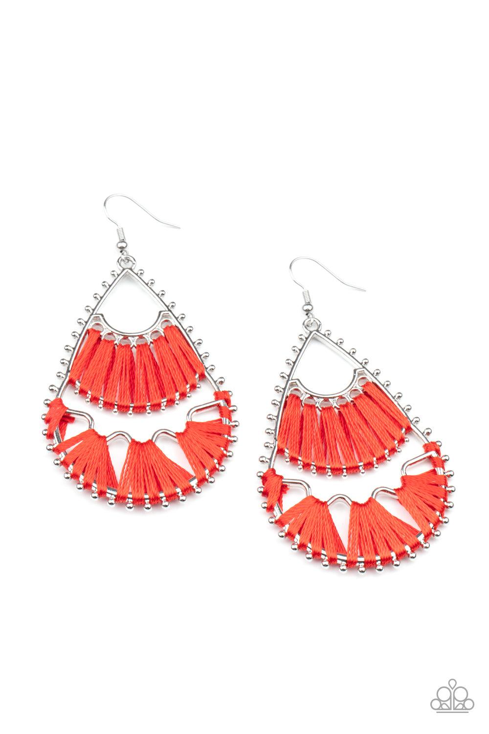 Paparazzi Accessories Samba Scene - Red Three abstract silver fittings section off the inside of a pronged teardrop. Red thread is wrapped around the bar-like fittings, creating colorful loom-like accents. Earring attaches to a standard fishhook fitting.