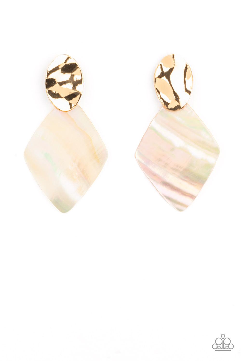 Paparazzi Accessories Alluringly Lustrous - Gold An iridescent shell-like frame attaches to the bottom of a hammered shiny gold oval, creating a refined centerpiece. Earring attaches to a standard post fitting. Sold as one pair of post earrings. Jewelry