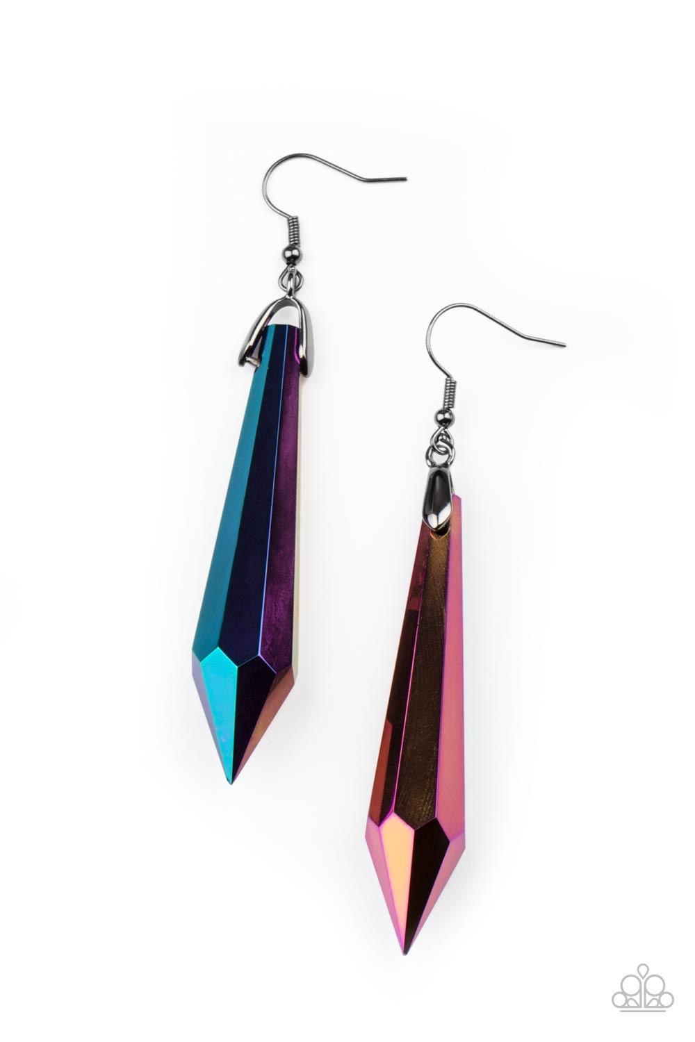 Paparazzi Accessories Sharp Dressed DIVA - Multi Featuring a stellar oil spill finish, a dramatically elongated gem attaches to a gunmetal fitting that swings from the ear for a hypnotizing fashion. Earring attaches to a standard fishhook fitting. Sold as