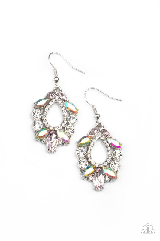 Paparazzi Accessories New Age Noble - Multi Featuring regal marquise and classic round cuts, a glittery collection of pink, white, and iridescent rhinestones coalesce into a jaw-dropping teardrop frame. Earring attaches to a standard fishhook fitting. Sol