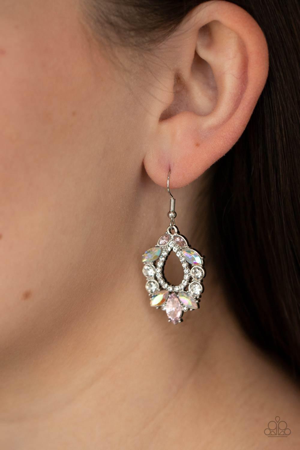Paparazzi Accessories New Age Noble - Multi Featuring regal marquise and classic round cuts, a glittery collection of pink, white, and iridescent rhinestones coalesce into a jaw-dropping teardrop frame. Earring attaches to a standard fishhook fitting. Sol