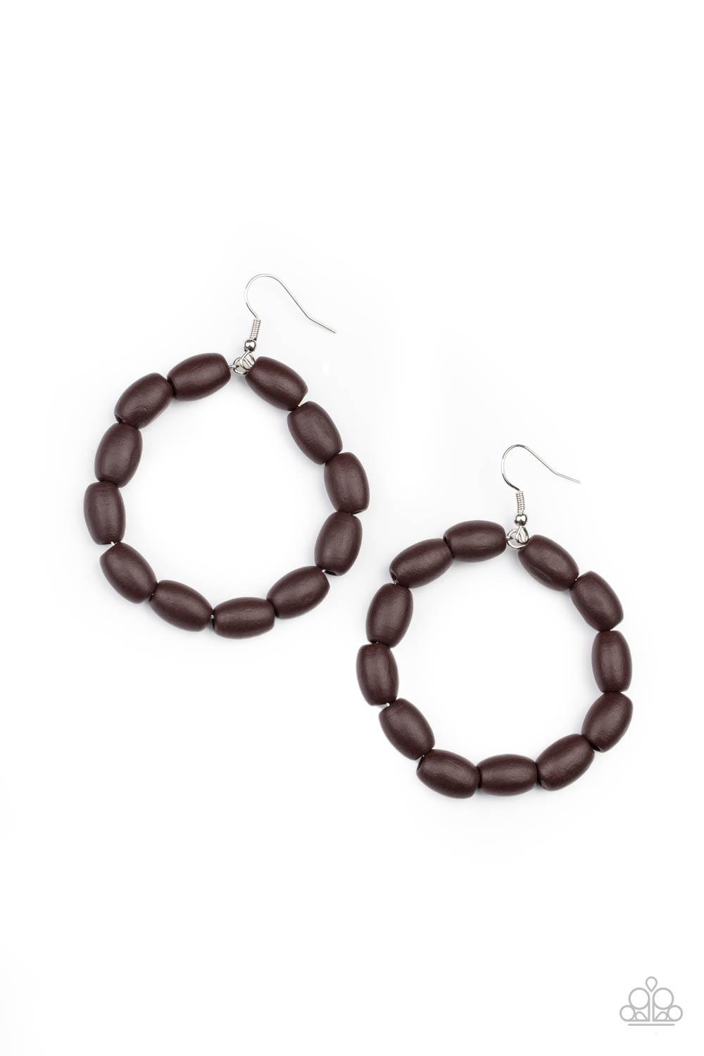 Paparazzi Accessories Living The WOOD Life - Brown Chunky brown wooden beads are threaded along a dainty wire, creating an earthy hoop. Earring attaches to a standard fishhook fitting. Sold as one pair of earrings. Jewelry