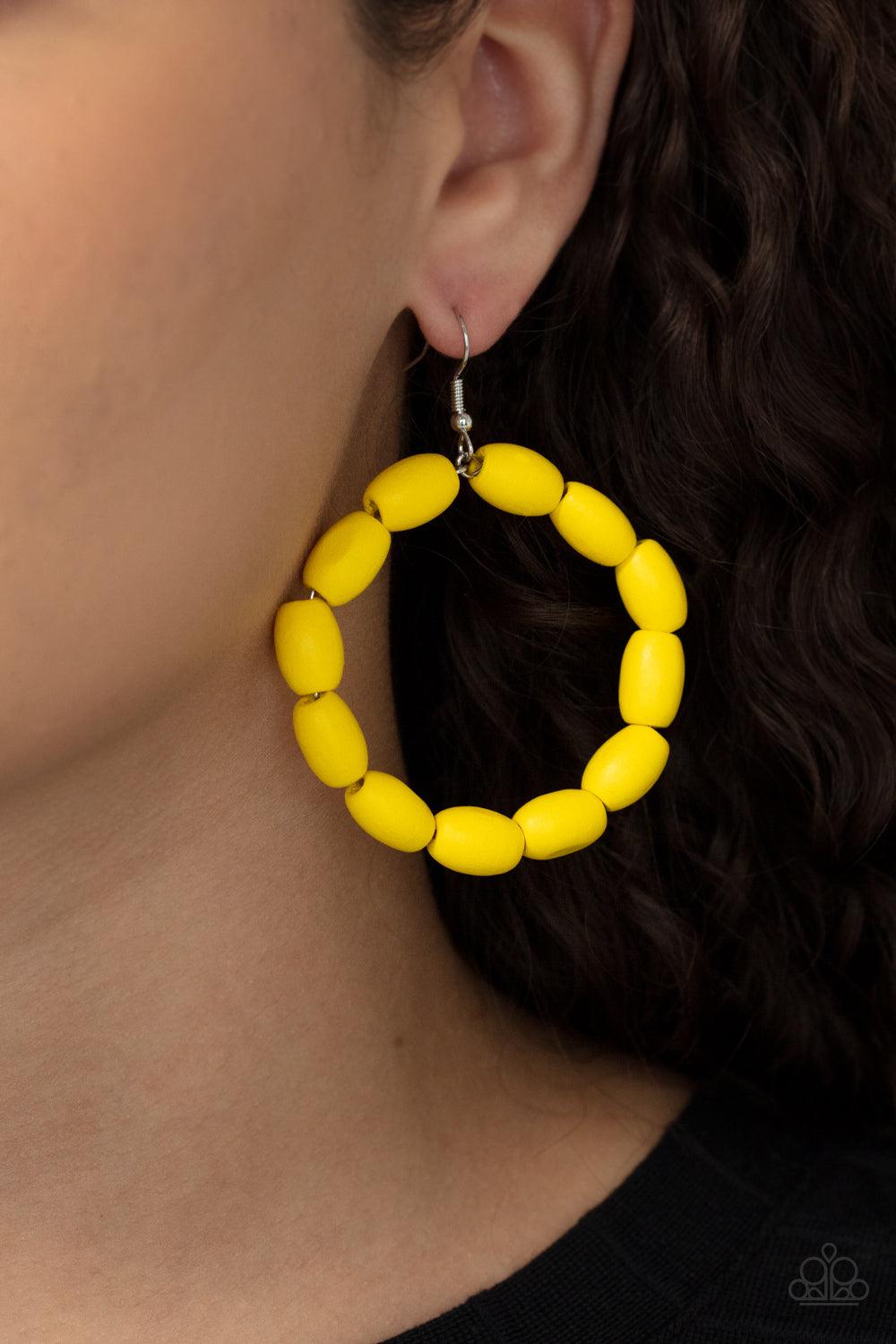 Paparazzi Accessories Living The WOOD Life - Yellow Chunky Illuminating wooden beads are threaded along a dainty wire, creating an earthy hoop. Earring attaches to a standard fishhook fitting. Sold as one pair of earrings. Jewelry