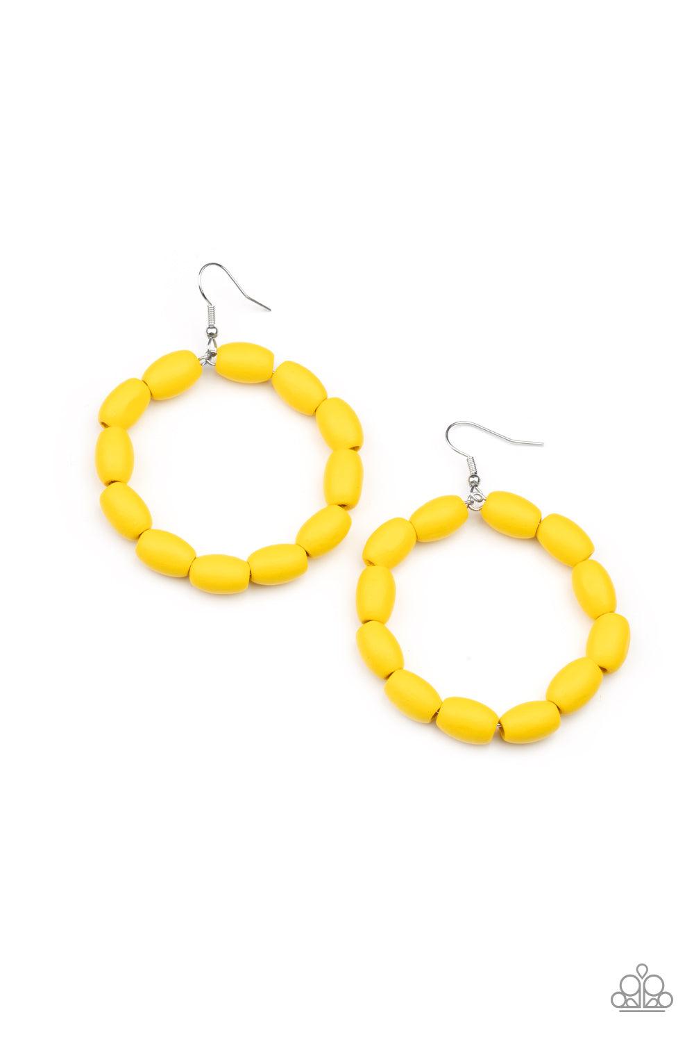 Paparazzi Accessories Living The WOOD Life - Yellow Chunky Illuminating wooden beads are threaded along a dainty wire, creating an earthy hoop. Earring attaches to a standard fishhook fitting. Sold as one pair of earrings. Jewelry