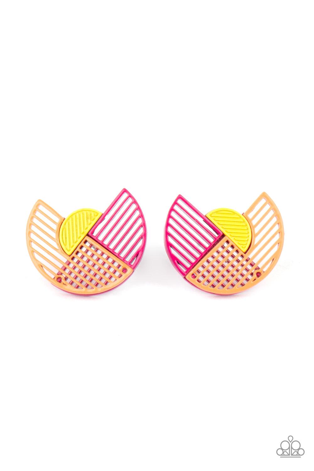 Paparazzi Accessories Its Just an Expression - Pink Featuring airy stenciled linear patterns, overlapping pink and orange crescent shaped frames gather around a dainty yellow crescent frame, creating a modern display. Earring attaches to a standard post f