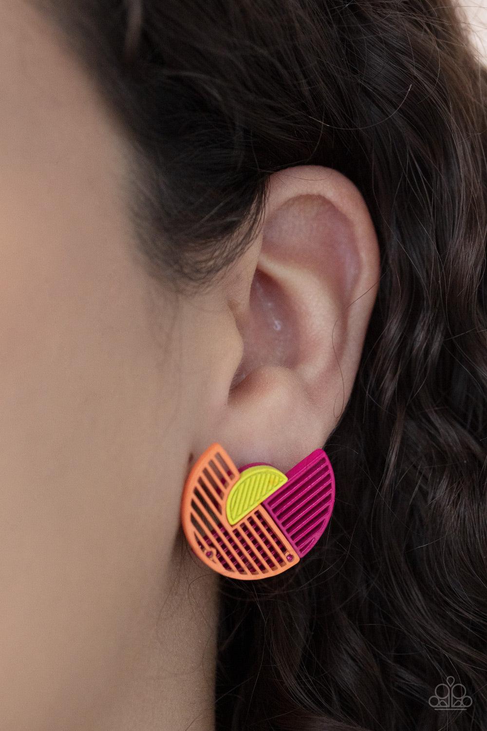 Paparazzi Accessories Its Just an Expression - Pink Featuring airy stenciled linear patterns, overlapping pink and orange crescent shaped frames gather around a dainty yellow crescent frame, creating a modern display. Earring attaches to a standard post f