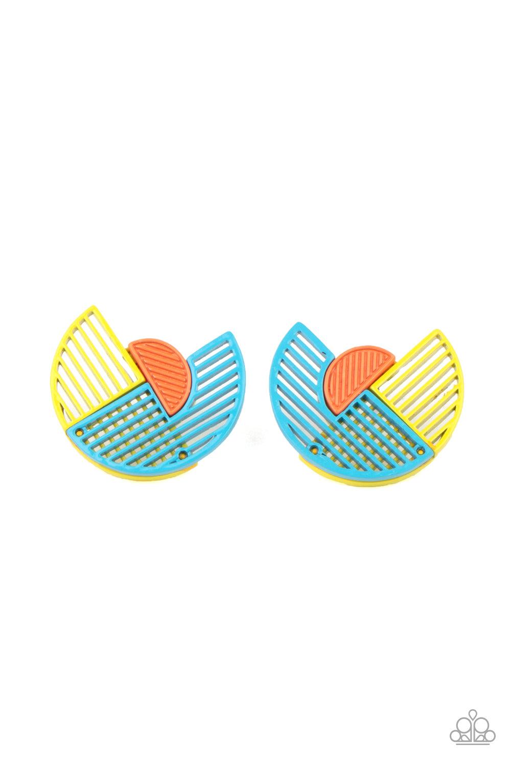 Paparazzi Accessories Its Just an Expression - Blue Featuring airy stenciled linear patterns, overlapping blue and yellow crescent shaped frames gather around a dainty orange crescent frame, creating a modern display. Earring attaches to a standard post f