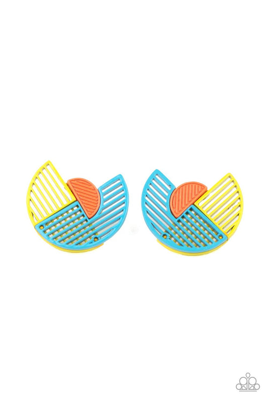 Paparazzi Accessories Its Just an Expression - Blue Featuring airy stenciled linear patterns, overlapping blue and yellow crescent shaped frames gather around a dainty orange crescent frame, creating a modern display. Earring attaches to a standard post f