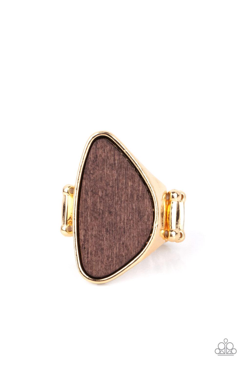 Paparazzi Accessories Perfectly Petrified - Gold An asymmetrical piece of rustic wood is nestled inside a sleek gold frame that thickens into a shimmery band around the finger, creating a refined centerpiece. Features a stretchy band for a flexible fit. S