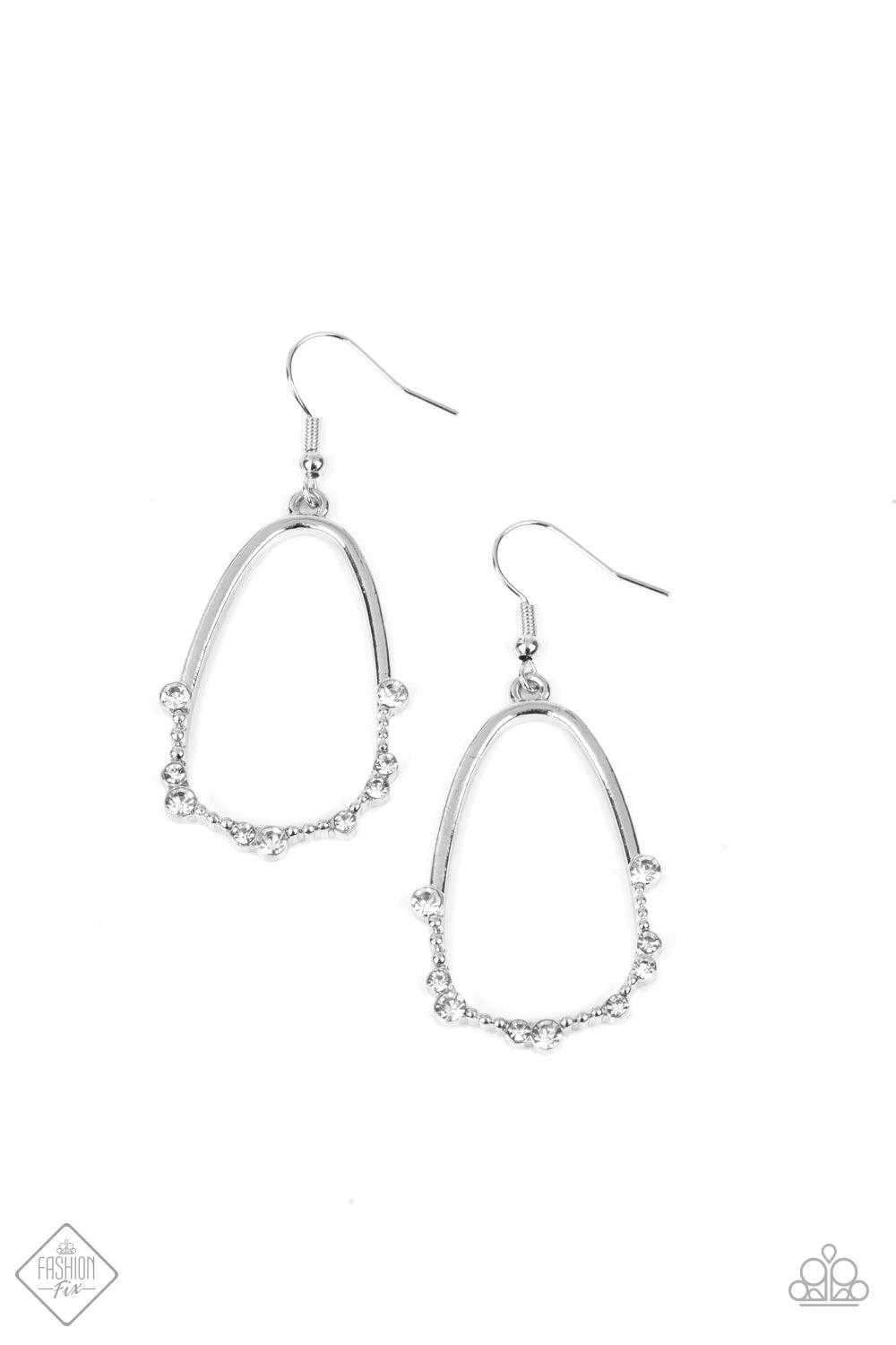 Paparazzi Accessories Ready or YACHT - White The bottom edge of an airy asymmetrical silver teardrop frame is studded and dotted in dainty white rhinestones, creating an elegant display. Earring attaches to a standard fishhook fitting. Sold as one pair of