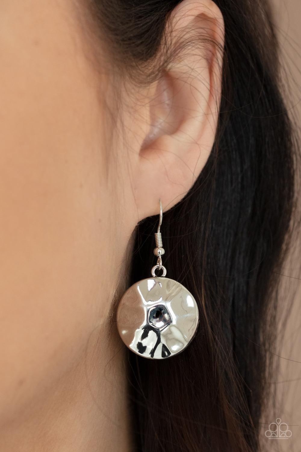Paparazzi Accessories Token Treasure - Black Featuring a hammered finish, a collection of shiny silver discs delicately connect into a netted pendant at the bottom of knotted black cords for a statement-making look. Features an adjustable clasp closure. S