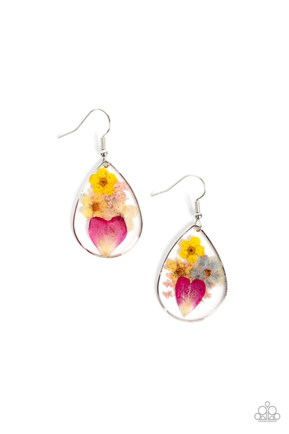 Paparazzi Accessories Prim and PRAIRIE - Multi A colorful collection of wildflowers is encased inside a glassy teardrop casing bordered in silver, creating a whimsical display. Earring attaches to a standard fishhook fitting. Sold as one pair of earrings.