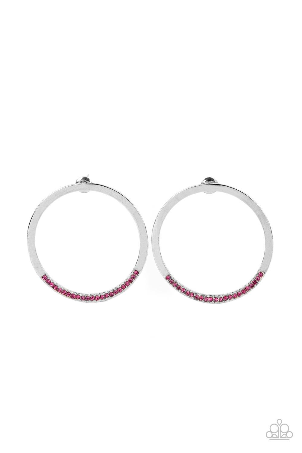 Paparazzi Accessories Spot On Opulence - Pink As if dipped in glitter, the bottom of a flat silver hoop is encrusted in dainty pink rhinestones for a classic shimmer. Earring attaches to a standard post fitting. Sold as one pair of post earrings. Jewelry