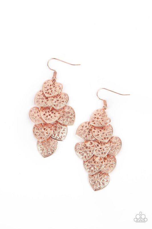 Paparazzi Accessories Shimmery Soulmates - Copper Featuring studded filigree filled centers, shiny copper heart frames cascade from the ear as they link into a flawless overlapping lure. Earring attaches to a standard fishhook fitting. Sold as one pair of