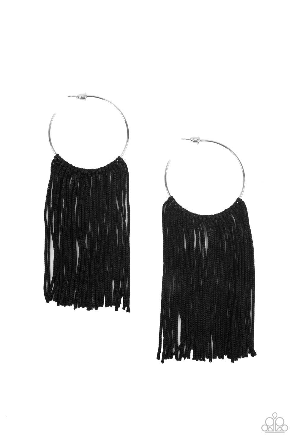 Paparazzi Accessories Flauntable Fringe - Black A curtain of black cords stream from the center of a dainty silver hoop, creating a glamorous fringe. Earring attaches to a standard post fitting. Hoop measures approximately 1 3/4" in diameter. Sold as one