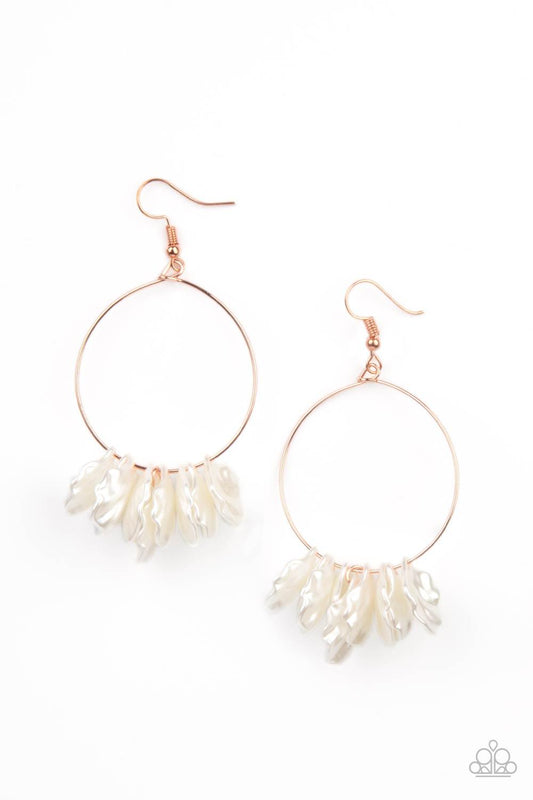 Paparazzi Accessories Sailboats and Seashells - Copper Pearly shell-like beads are threaded along a dainty shiny copper wire, creating a flirtatious beach inspired fringe. Earring attaches to a standard fishhook fitting. Sold as one pair of earrings. Jewe
