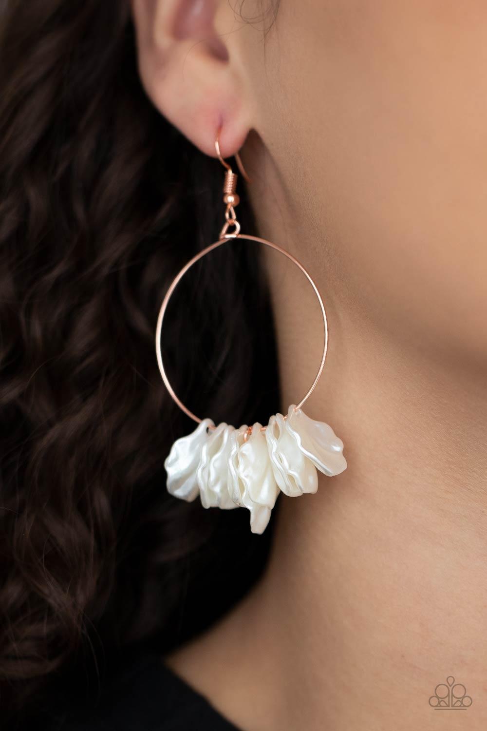 Paparazzi Accessories Sailboats and Seashells - Copper Pearly shell-like beads are threaded along a dainty shiny copper wire, creating a flirtatious beach inspired fringe. Earring attaches to a standard fishhook fitting. Sold as one pair of earrings. Jewe