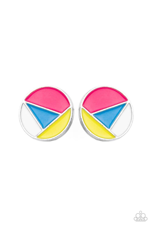Paparazzi Accessories Artistic Expression - Multi A dainty round frame is painted in pink, blue, yellow, and white geometric sections, creating an abstract display. Earring attaches to a standard post fitting. Sold as one pair of post earrings Jewelry