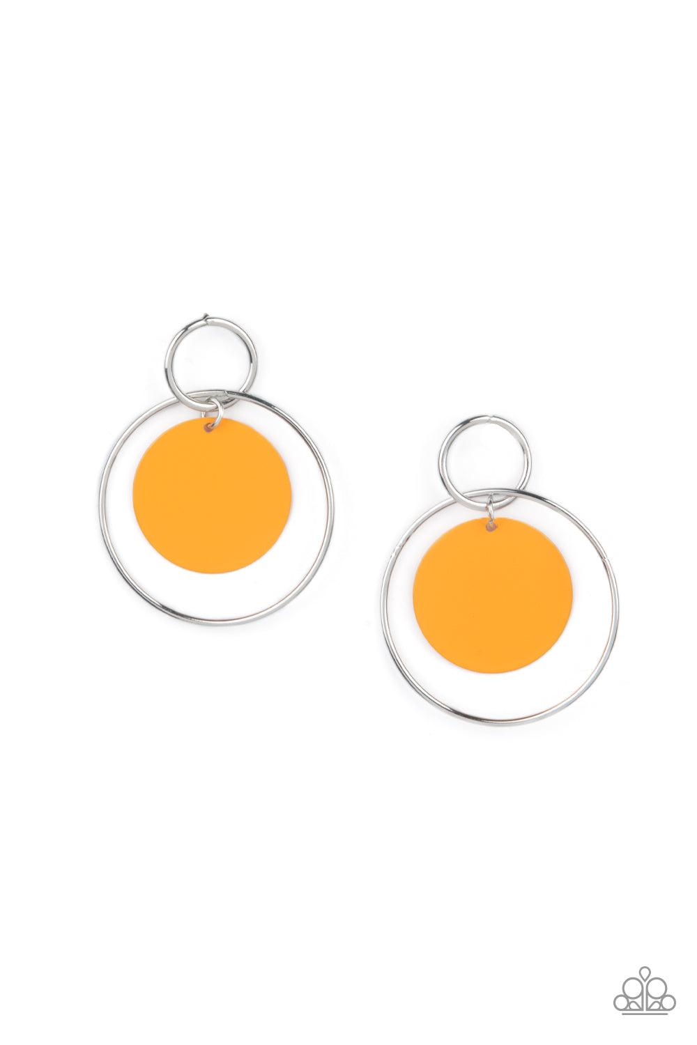 Paparazzi Accessories POP, Look, and Listen - Orange A Marigold disc swings from two interlocking silver hoops, creating a flirtatious pop of color. Earring attaches to a standard post fitting. Sold as one pair of post earrings. Jewelry