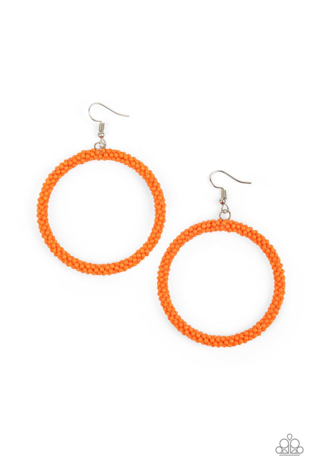 Paparazzi Accessories Beauty and the BEACH - Orange A dainty strand of neon orange seed beads wrap around a silver hoop, creating a bubbly hoop. Earring attaches to a standard fishhook fitting. Sold as one pair of earrings. Earrings