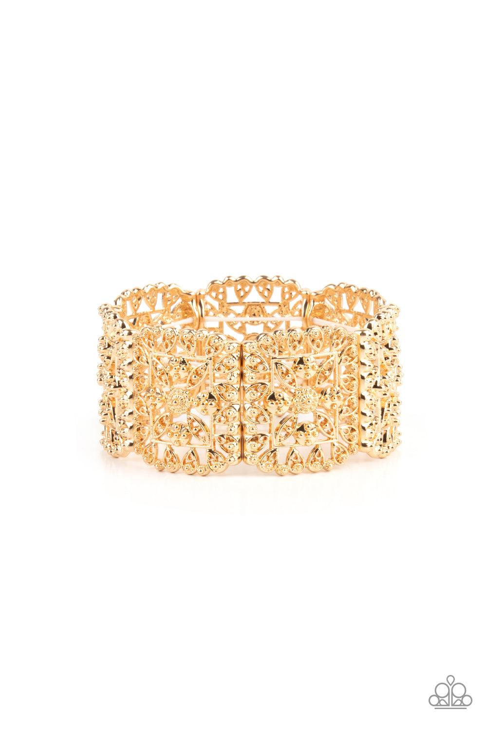 Paparazzi Accessories Enchanted Vineyards - Gold Ornately studded leafy filigree delicately gathers into airy gold square frames that are threaded along stretchy bands around the wrist, creating a vintage inspired look. Sold as one individual bracelet. Je