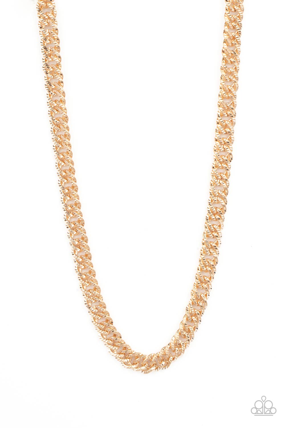 Paparazzi Accessories Urban Uppercut - Gold Etched in linear textures, an oversized gold chain drapes below the collar for a dramatic industrial effect. Features an adjustable clasp closure. Sold as one individual necklace. Get The Complete Look! Bracelet