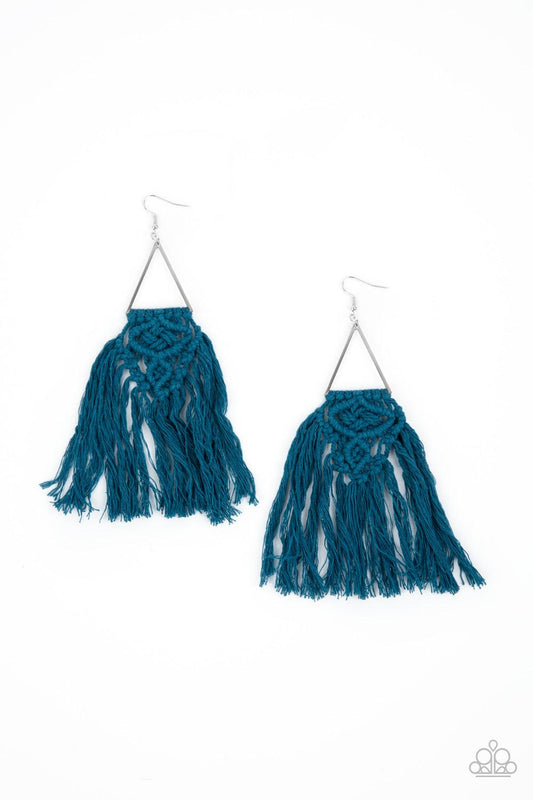 Paparazzi Accessories Modern Day Macrame - Blue Blue threaded tassels ornately knot at the bottom of a shimmery silver triangular frame, creating a macramé inspired fringe. Earring attaches to a standard fishhook fitting. Sold as one pair of earrings. Jew