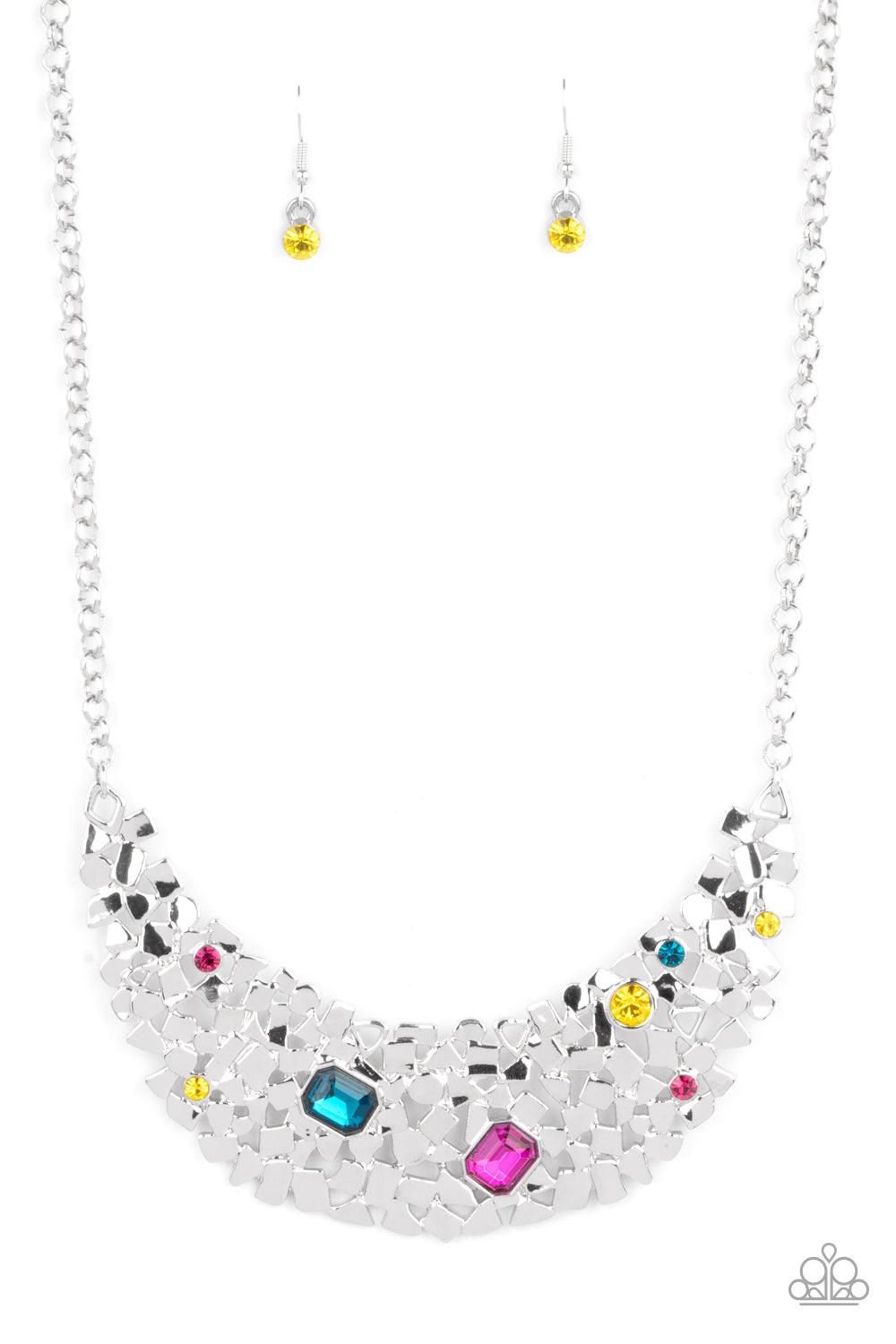 Paparazzi Accessories Fabulously Fragmented - Multi Sporadically dotted in mismatched multicolored rhinestones, a smattering of fragmented silver frames coalesce into a bold half moon below the collar for an edgy fashion. Features an adjustable clasp clos