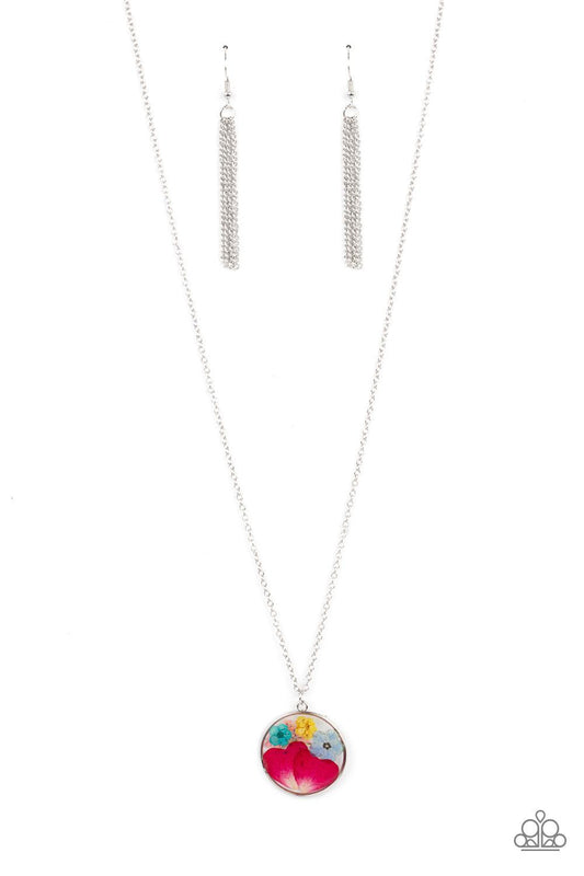 Paparazzi Accessories Eternal Spring - Multi A colorful collection of wildflowers is encased in a glassy pendant, creating a whimsical display below the collar. Features an adjustable clasp closure. Sold as one individual necklace. Includes one pair of ma