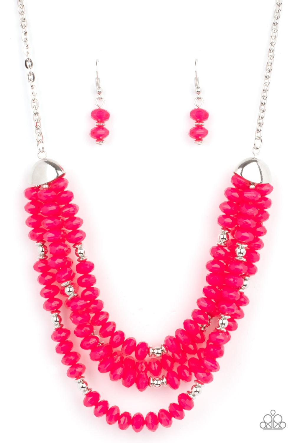 Paparazzi Accessories Best POSH-ible Taste - Pink Featuring bold silver fittings, a whimsical collection of faceted pink opaque crystal-like beads and dainty silver beads are threaded along invisible wires below the collar, creating vivacious layers. Feat