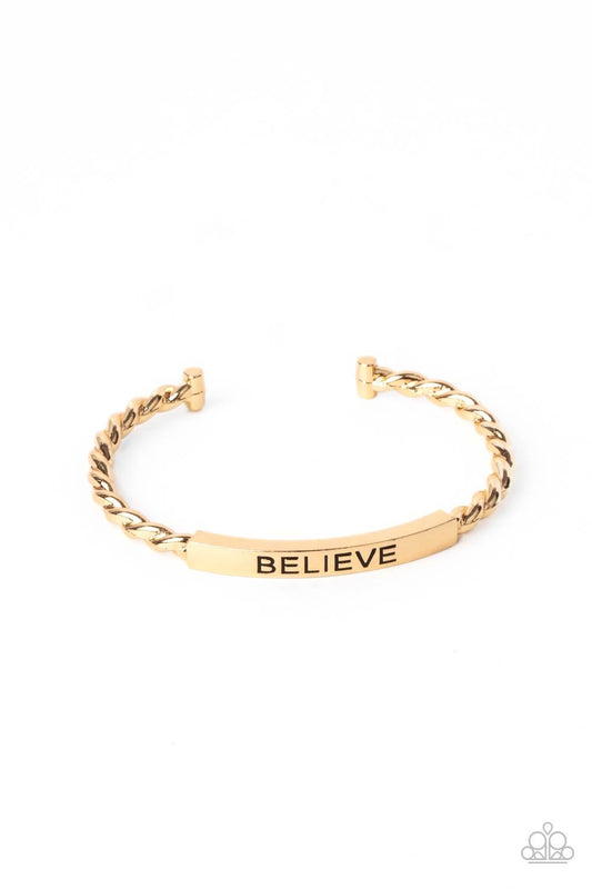Paparazzi Accessories Keep Calm and Believe - Gold Twisted gold bars attach to a shiny gold plate stamped in the word, "BELIEVE," creating an inspiring cuff around the wrist. Sold as one individual necklace. Jewelry