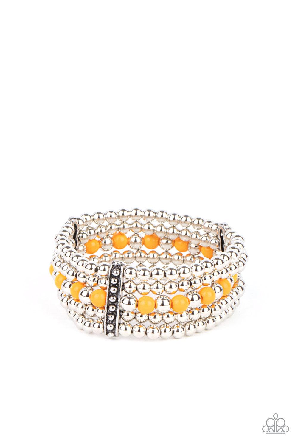 Paparazzi Accessories Gloss Over The Details - Orange Held together by studded silver frames, rows of silver and Marigold beads are threaded along stretchy bands around the wrist, creating vivacious layers. Sold as one individual bracelet. Jewelry