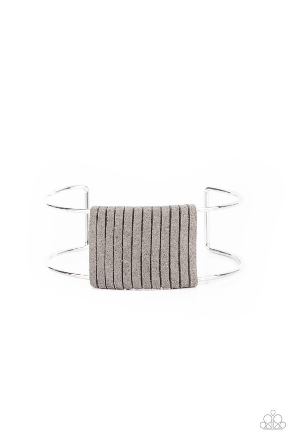 Paparazzi Accessories Free Expression - Silver Ultimate Gray suede cording wraps around a silver fitting nestled between an airy silver cuff, creating a colorfully rustic centerpiece. Sold as one individual bracelet. Jewelry