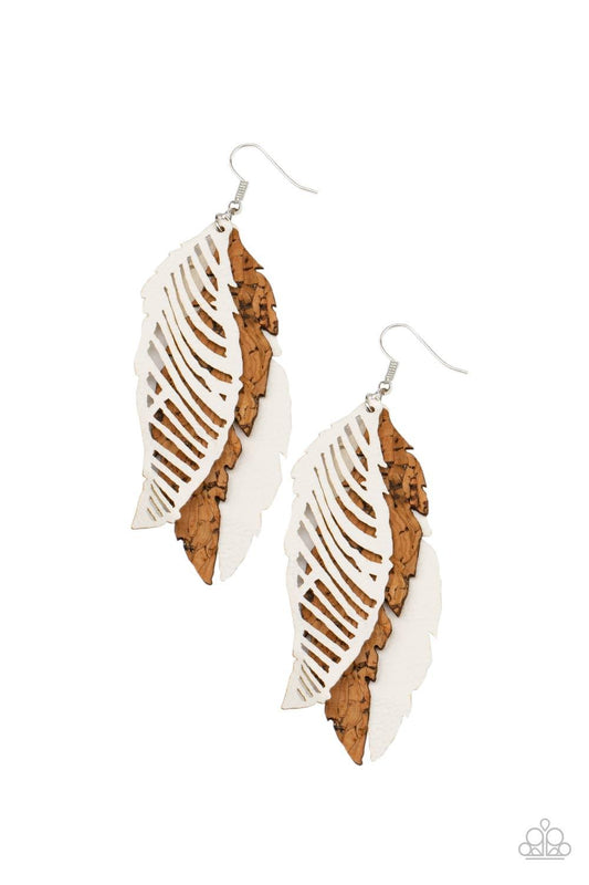 Paparazzi Accessories WINGING Off The Hook - White A mismatched collection of cork and white leather feather frames flutter from the ear, layering into a free-spirited lure. Earring attaches to a standard fishhook fitting. Sold as one pair of earrings. Je