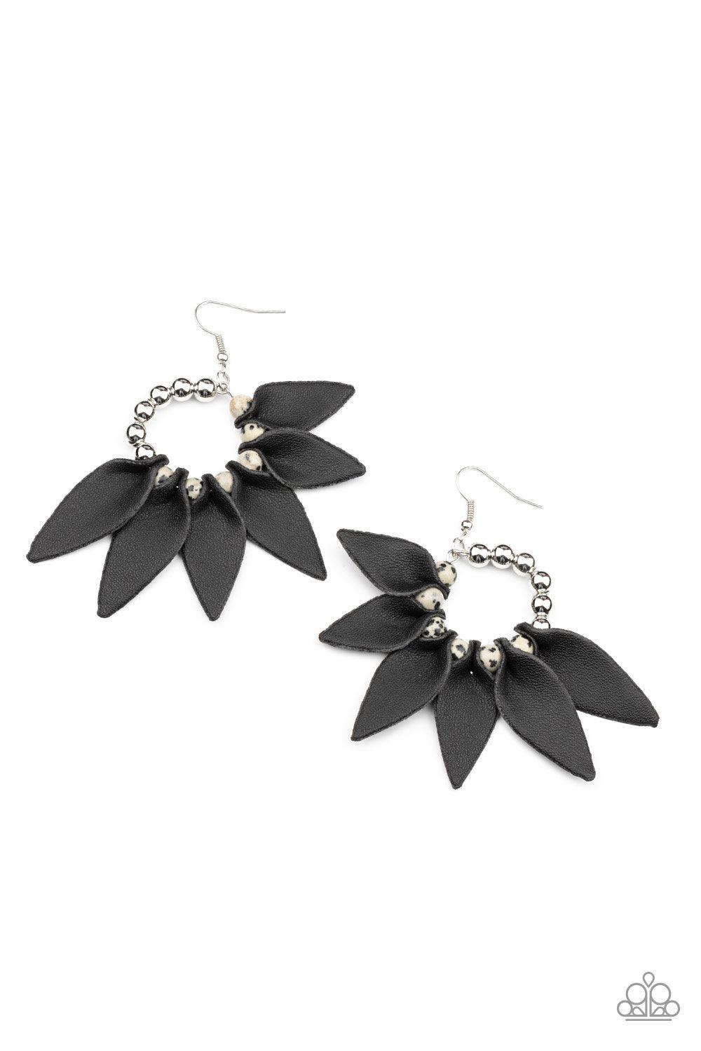 Paparazzi Accessories Flower Child Fever - Black Infused with a row of shiny silver beads, black leather petals are separated by black dotted white stones along a dainty silver hoop, creating a wild fringe. Earring attaches to a standard fishhook fitting.