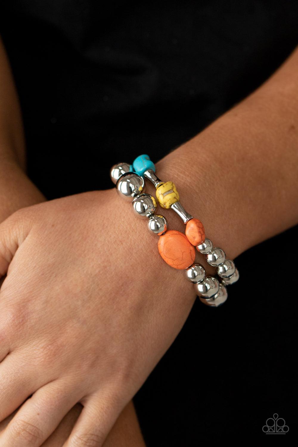 Paparazzi Accessories Authentically Artisan - Multi Mismatched turquoise, orange, and yellow stones and oversized silver beads are threaded along stretchy bands around the wrist, creating earthy layers. Sold as one pair of bracelets. Jewelry